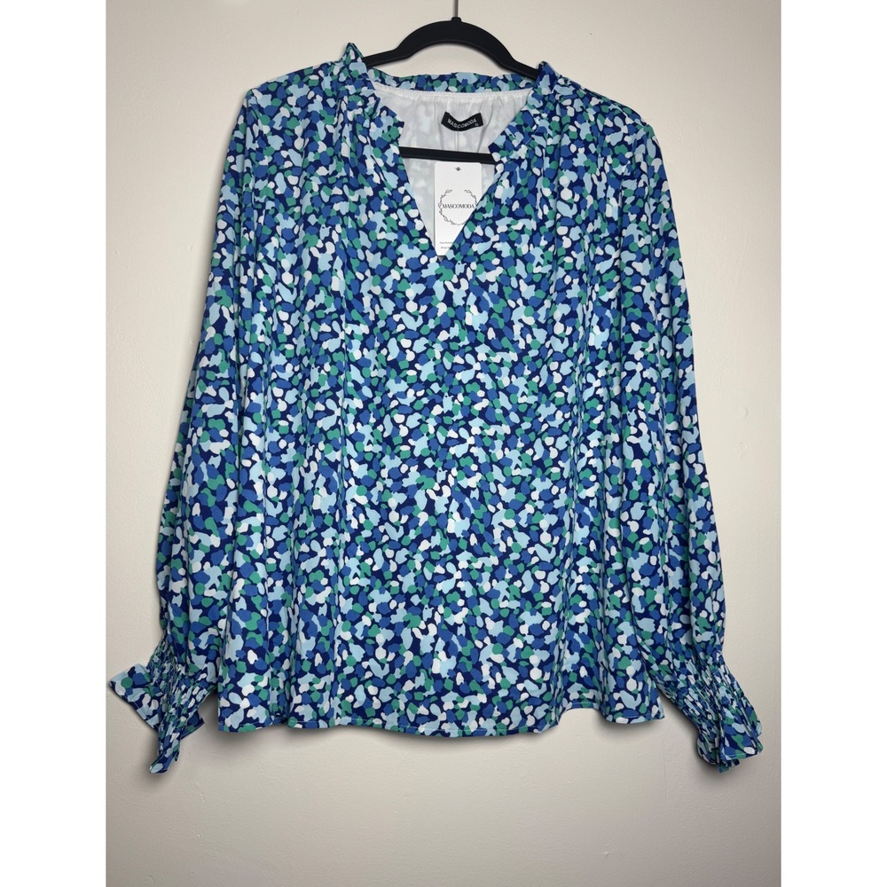 Mascomoda Womens XL Blue Green Abstract Print V-Neck Blouse Smocked Cuff